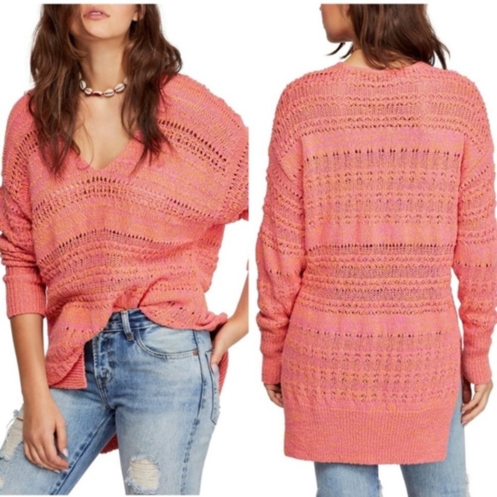 Free People Hot Tropics v-neck open knit sweater size S Pink longline tunic